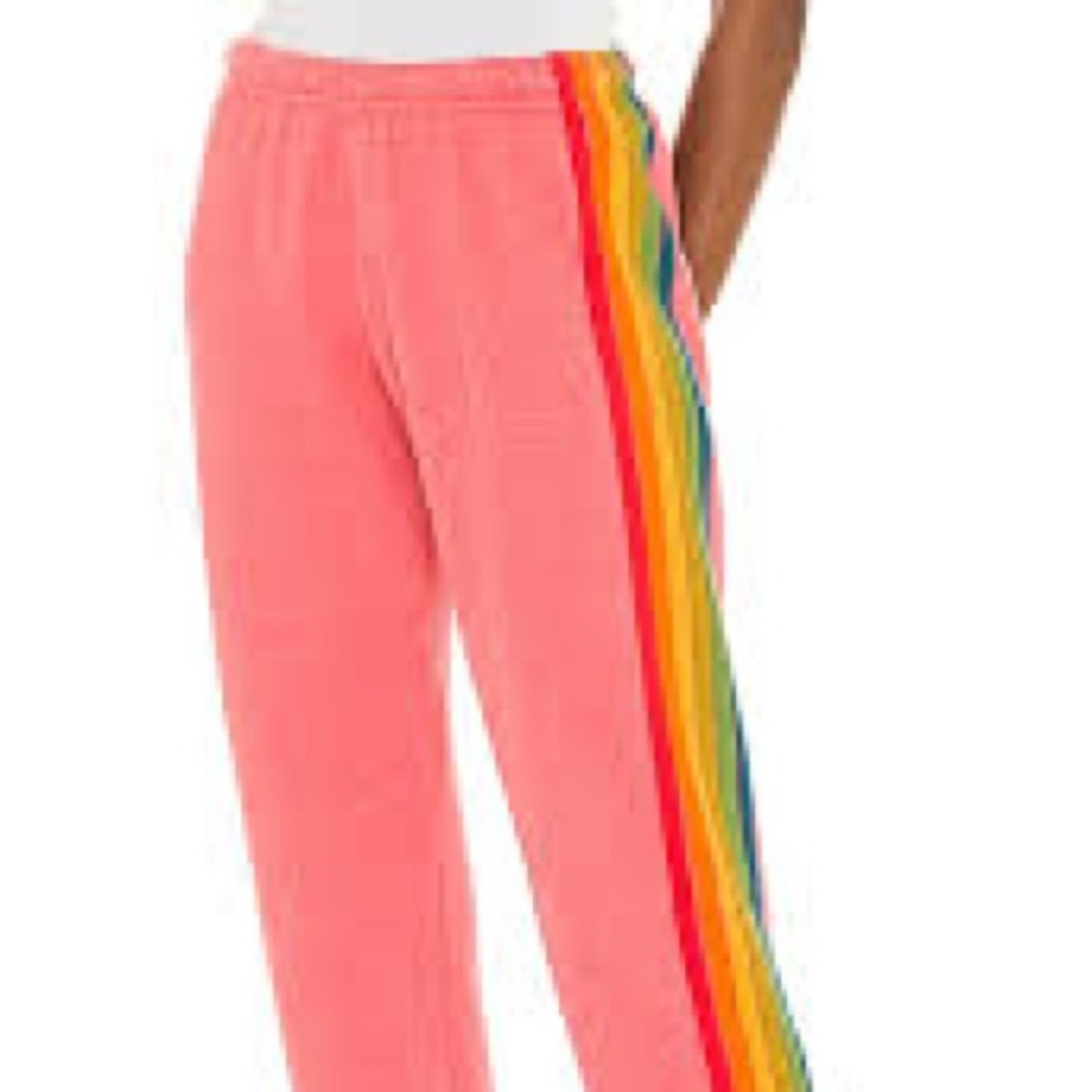 Pink Aviator Nation sweatpants with rainbow stripes
